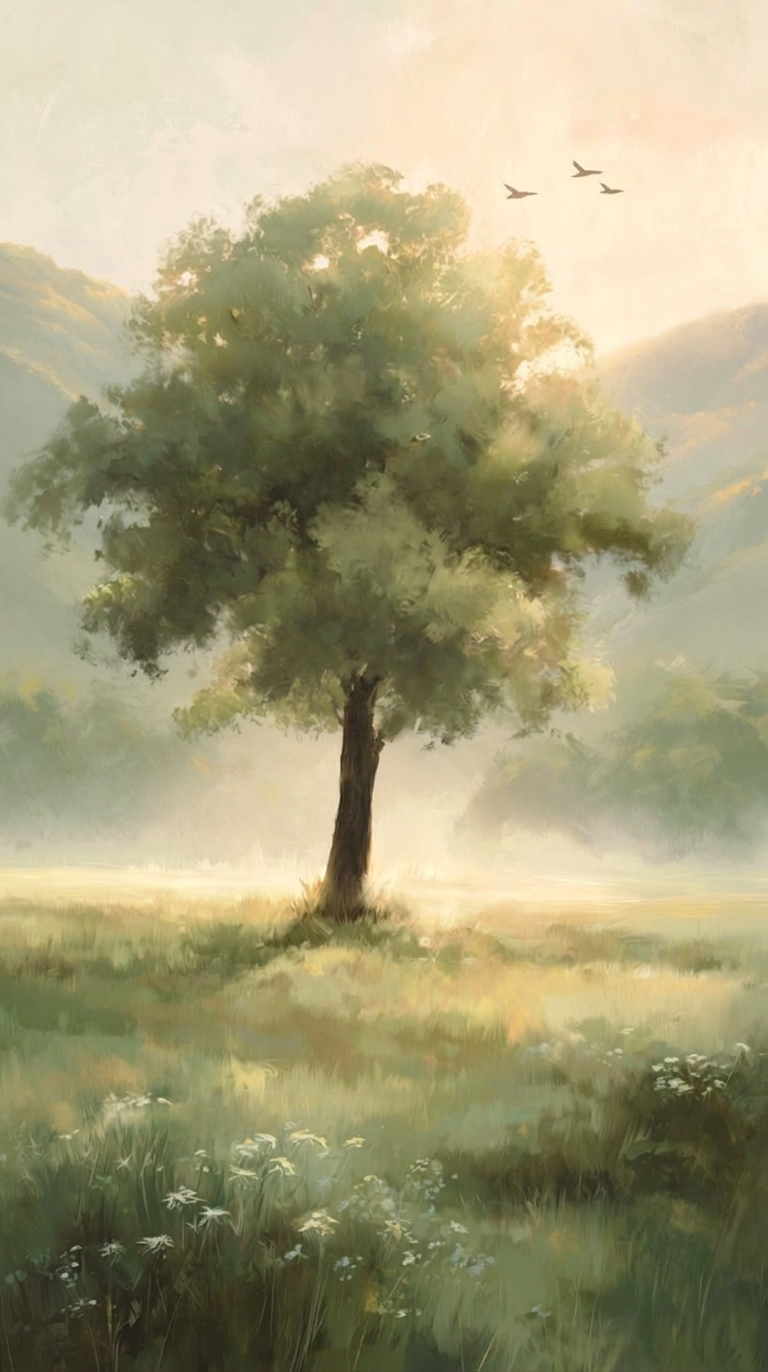 A peaceful tree in a sunlit meadow with mountains and birds — growth, nurturing, and new beginnings