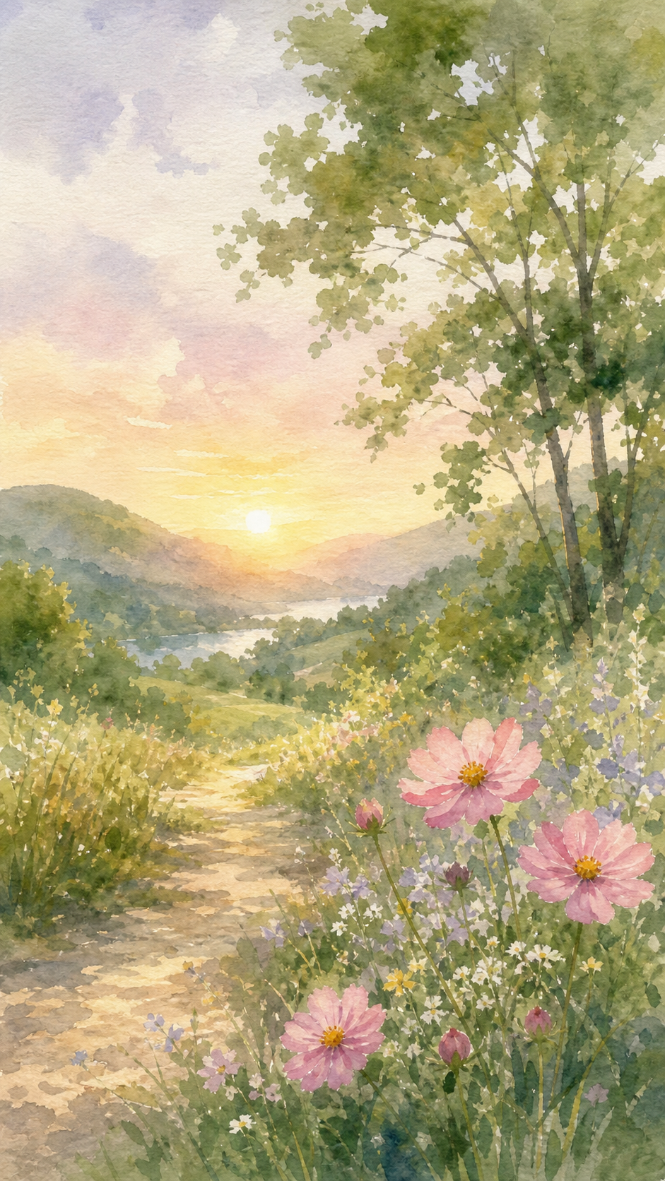 A peaceful watercolor landscape with wildflowers at sunrise